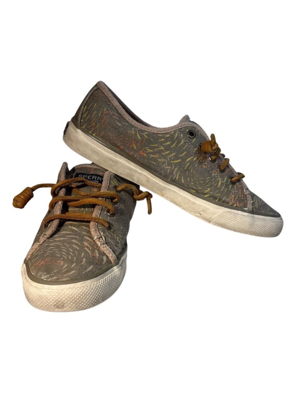 Sperry Seacoast Canvas Shoes Womens Size 7M Taupe Multi Fish Circle STS95425